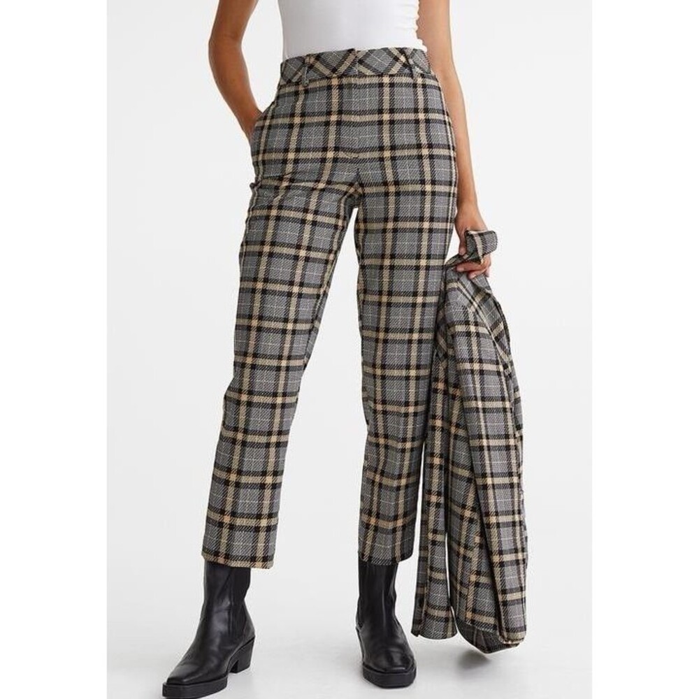 H&M Womens Checked Grey & Tan Pants Size 4 Cigarette NWT Recycled Eco Line